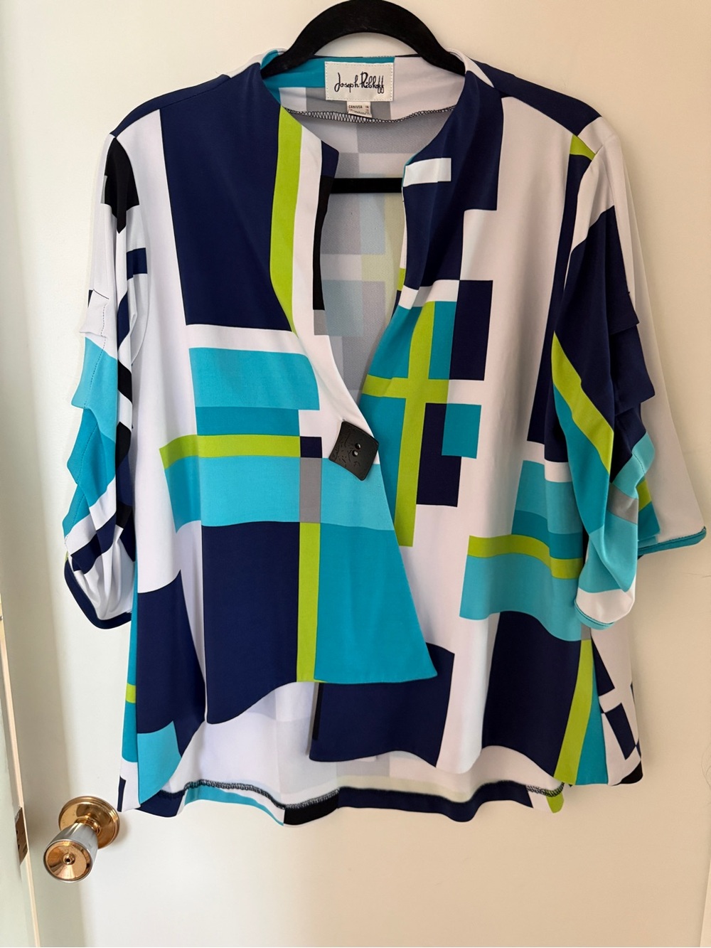 Joseph Ribkoff Size 14 Geometric Blouse Navy Turquoise Lime Draped Sleeve Top